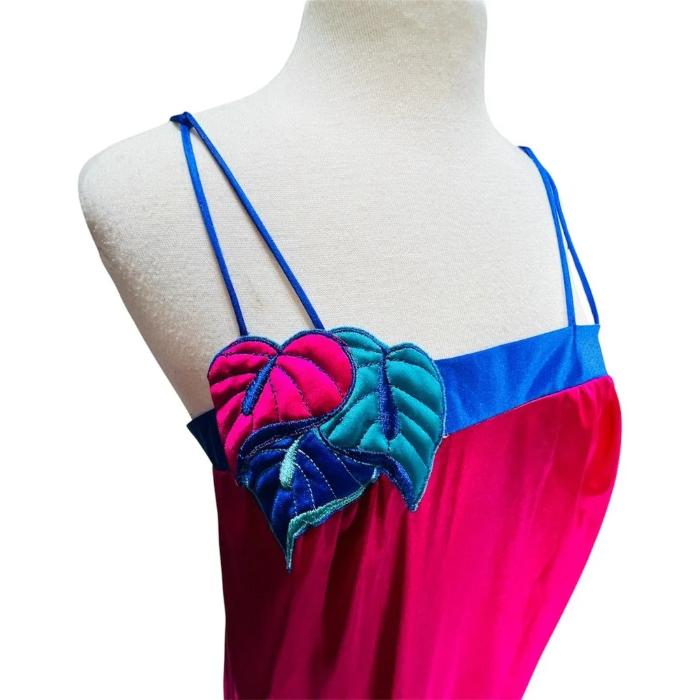 VTG Bright Pink Blue Gown Satin Slip Robe Set Tropical Monstera Leaf M Peignoir
